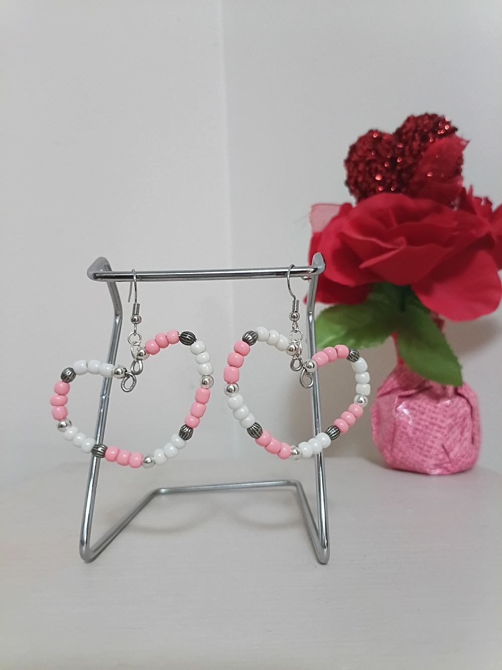 Pink & White Beaded Heart Hoop Earrings